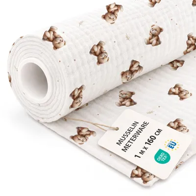 Produktbild von Musselin Stoff Meterware 1 M x 160 cm - Baumwollstoff Stoffe zum Nähen ideal für Bettwäsche Decke Kinder Tuch Tischläufer leichte Baumwolle Fabric Musselinstoff -Zertifikat Kuschelbär