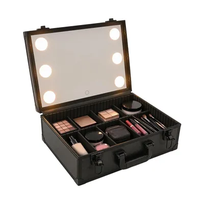 Image de Trousse de maquillage avec séparateurs amovibles 3 lumières LED colorées miroir Trousse de maquillage Organisateur de cosmétiques (noir,grand) pour femmes filles