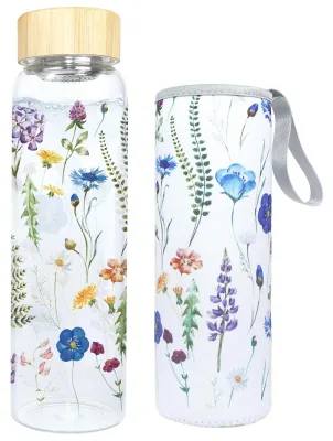 Produktbild von 1-Liter-Glasflasche mit Edelstahlfilter und Schutzhülle, auslaufsicher und BPA-frei