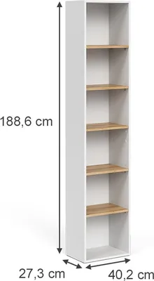 A tall, narrow white bookshelf with wooden shelves, shown with dimensions indicated by lines and numbers.