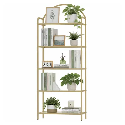 Produktbild von Regal, Bücherregal aus gehärtetem Glas, schlankes Regal für Schlafzimmer, Badezimmer, Heimbüro, Stahlrahmen, 5 Ablagen Gold