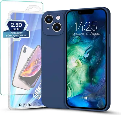 A blue iPhone case and a screen protector are displayed on a white background.