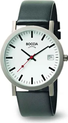 A close-up studio shot of a Boccia Titanium watch with a white face, black leather strap, and a date window.