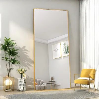 Immagine prodotto di Specchio a figura intera, 180x80 cm, finitura oro, da utilizzare come specchio da terra o da parete, con cornice in alluminio, grande specchio per il guardaroba, ideale per camere da letto, corridoi e cabine armadio