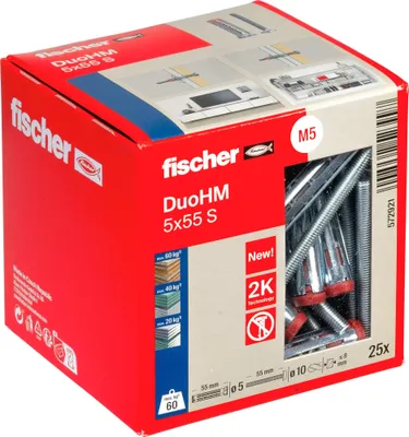 Produktbild von fischer Hohlraumdübel DuoHM 5 x 55 S PZ, Plattendübel mit metrischer Panheadschraube und PZ-Antrieb zum Befestigen von TV-Halterungen, Leuchten, Wandregalen, uvm. in Plattenbaustoffen, 25 Stück