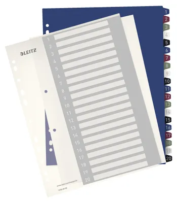 Immagine prodotto di LEITZ 12390000, Registro per raccoglitore Leitz, formato DIN A4+, formato intero, larghezza extra, 1-20, colorato, confezione da 20 pezzi, 1 set