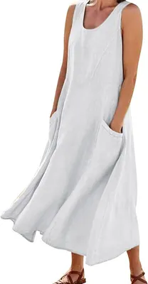 Image de ASKSA Femme Eté Coton Robe de débardeur Unicolore A-Line Robe de plage Robe ample Robe d'été avec poches, Blanc, 3XL