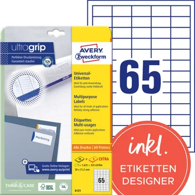 Produktbild von Avery Zweckform 6121 Universal-Etiketten, A4 mit ultragrip,  38 x 21,2 mm, weiß