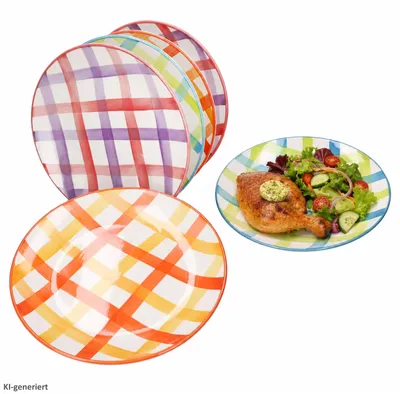 Produktbild von 6x Picknick Speiseteller Ø26,5cm Steingut bunt kariert große Platte