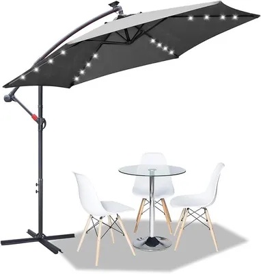 Zdjęcie produktu dla Parasol 300/350 cm, parasol wiszący, duży parasol z korbą i podstawą, ochrona przed promieniowaniem UV, wodoodporny, parasol ogrodowy, parasol targowy, idealny na balkon, ogród, taras, kolor beżowy