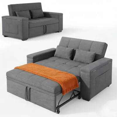 Image de Canapé-lit 2 places BEALIFE 157x72x84 cm | Fauteuil multifonctionnel 3 en 1 avec fonction inclinable et coussins | Pour salon et chambre d'amis | Gris foncé | AR27