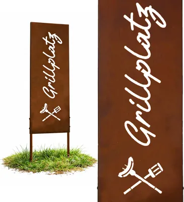 Produktbild von Relaxdays Edelrost Gartendeko, Grillplatz, HB: 85 x 28 cm, Gartenstecker wetterfest, rustikal, zum Stecken, Eisen braun