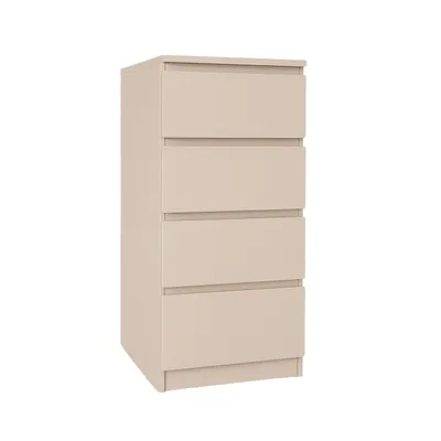 A beige chest of drawers with four drawers.