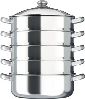 Produktbild von Edelstahl Dampfgarer - 5-stöckiger Dampfaufsatz 30 cm - Multifunktionaler Topf - Für Haushalt und Gastronomie - Doppelkessel - Hellgrau