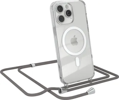 Produktbild von EAZY CASE - Handykette kompatibel mit Apple iPhone 15 Pro Max Kette zum Umhängen Stoßfest Handyhülle für Apple iPhone 15 Pro Max Silikon Hülle mit Band Handytasche Transparent als Fallschutz in Anthrazit