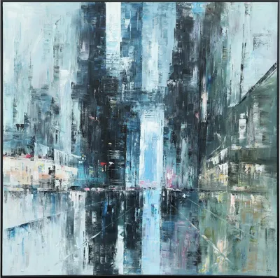 Produktbild von Fine Asianliving Ölgemälde 100% Handgemalt 3D Texture Rahmen Schwarz 120x120cm Stadt Blau