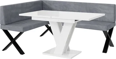 Produktbild von MEBLINI Eckbank für Esszimmer mit ausziehbarem Tisch  - Küchenbank - Essecke - Sitzecke Küche - TONI - X-Beine 128x168x87cm Links - Grau Samt/M Weiß Hochgl.