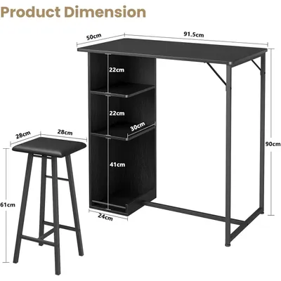 Zdjęcie produktu dla Stół barowy z imitacją marmuru - zestaw stołu barowego z 2 stołkami - 3 półki - solidna metalowa konstrukcja - skandynawski design - idealny do kuchni i jadalni - kolor czarny