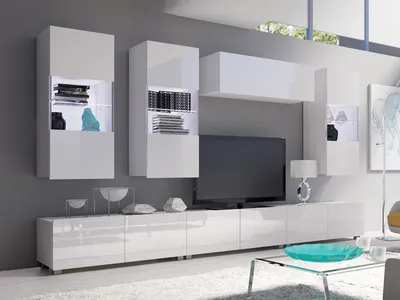 Produktbild von Wohnwand CALABRINI-11 Wohnzimmer-Set Hängewohnwand Schrankwand mit LED-Beleuchtung TV-Schrank Vitrine Moderne Anbauwand Hochglanz (Weiß)