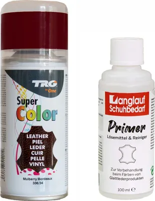 Produktbild von TRG Lederfarbspray 150ml Dose + Primer Lederreiniger 100ml - Color Spray, Farbspray Schnelltrocknend, Abriebfest - zum Färben aller Glattleder und Kunstleder bordeaux 336/34