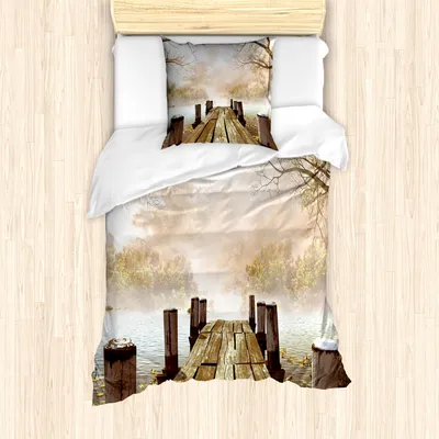Produktbild von ABAKUHAUS Herbst Mantele, Fall See in Wald, Milbensicher Allergiker geeignet mit Kissenbezügen, 135 cm x 200 cm - 80 x 80 cm, Pale Braun Grün Tan