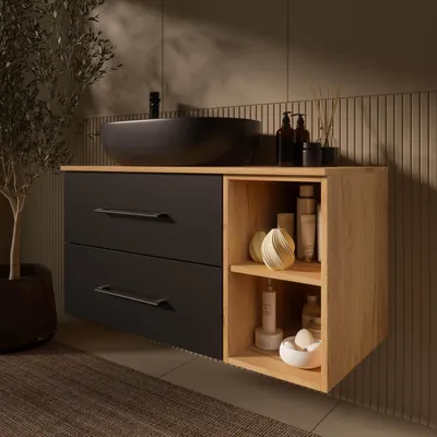 Produktbild von Planetmöbel LUX Badmöbel-Set Waschtisch mit Unterschrank Gold Eiche/Anthrazit 100 cm hängend inkl. Aufsatz-Waschbecken 60 cm schwarz