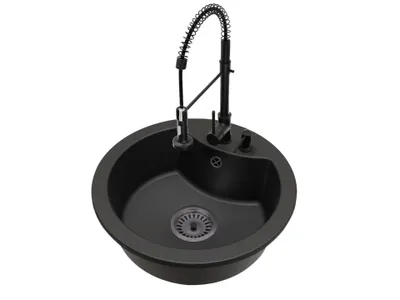 Produktbild von Mila Einbecken-Granitspüle mit Küchenarmatur Spiral Schwarz, Siphon und Spülmittelspender