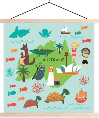 Produktbild von MuchoWow® Textilposter Weltkarte Kinder - Australien - Tiere 120x120 cm mit holzfarbenen Rahmen - Textil-Poster