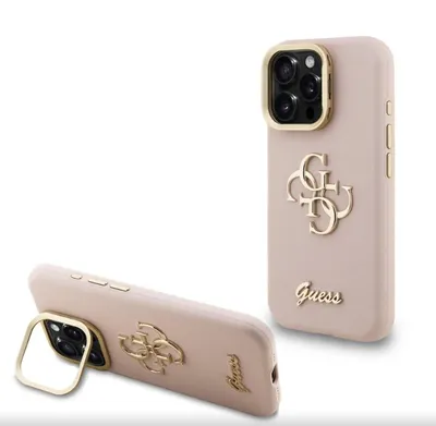 Produktbild von Guess PolyurethanGrained 4G Logo Stand Kamera Frame Case für iPhone 16 Pro Max Pink Handyhülle