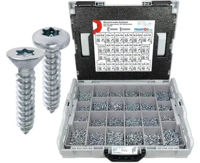 Produktbild von Frantos L-BOXX Sortiment Blechschrauben DIN 7981 + DIN 7982 Halbrundkopf + Senkkopf TX Stahl verzinkt 4425-tlg
