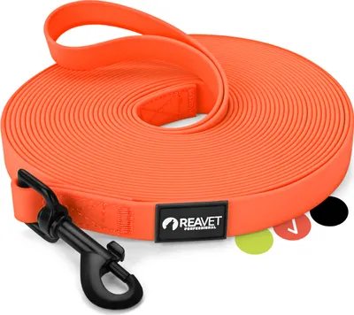 Produktbild von REAVET Schleppleine für Hunde 10 Meter, Neon Orange I Robuste & wasserfeste Hundeleine lang I Übungsleine mit Gepolsterten Griff, Trainingsleine Laufleine für große & kleine Hunde