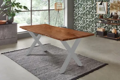 Produktbild von Esstisch Baumkante massiv Akazie nussbaum 180 x 90 X-Gestell silber FREDERIK