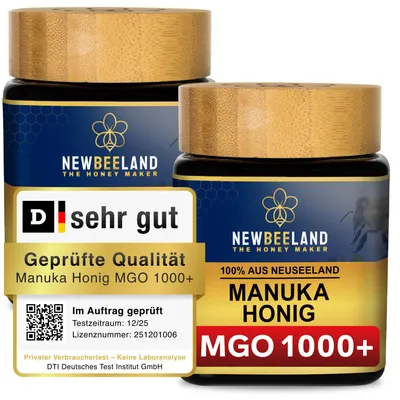 Produktbild von Manuka Honig MGO 1000+ [500g] 2x 250g | ORIGINAL aus NEUSEELAND | Glas statt Plastik | 100% natürlich | NEWBEELAND