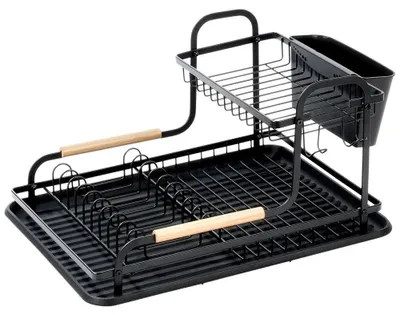 Zdjęcie produktu dla Stojak do suszenia naczyń z podstawką ociekającą - suszarka do naczyń - 2 poziomy - metal - 48,5 x 32 x 23,5 cm - czarny