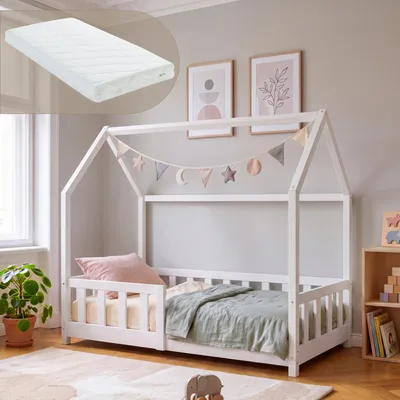 Produktbild von Hausbett ‘Hesel’ für Kinder mit Matratze und Rausfallschutz 70 x 140 cm Kiefernholz Weiß