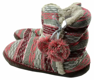 Produktbild von Rote Damen Hausschuhe, warm gefüttert, rutschfeste Gummisohle, Strickmuster, Pompons