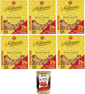 Produktbild von La Molisana, Penne rigate mit Lupinen, Protein-Tagliatelle mit Lupinenmehl und italienischem Hartweizengrieß - bronzegezogen,6x400gr + Italian gourmet polpa 400g