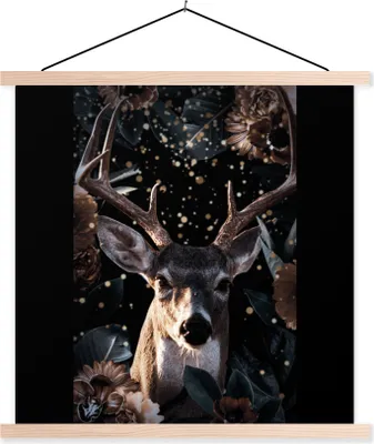 Produktbild von MuchoWow® Textilposter Hirsche - Blumen - Licht - Botanisch 120x120 cm mit holzfarbenen Rahmen - Textil-Poster