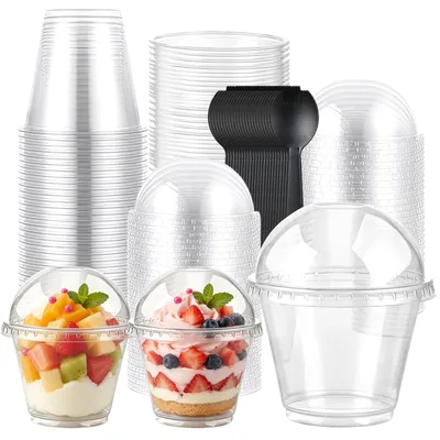 50 runde Dessertbecher 260 ml mit Deckel und Löffeln, transparent