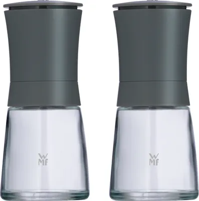 Produktbild von WMF Trend Mühlenset 2tlg, Salz- und Pfeffermühle unbefüllt, Glasbehälter, Keramikmahlwerk, Mühle für Salz, Pfeffer, Gewürze, grau