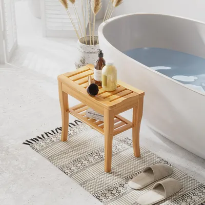 Produktbild von Duschhocker Bambus mit Ablage, Badhocker Duschsitz Badstuhl, Naturholz | 47,5 x 26 x 44,5 cm | bis 100 kg | wasserabweisend