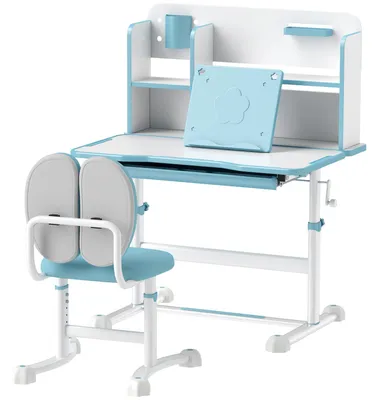 Produktbild von Verstellbares Kinderschreibtisch- und Stuhlset, Schulschreibtisch mit neigbarer Tischplatte, Schublade, Ablage, Blau