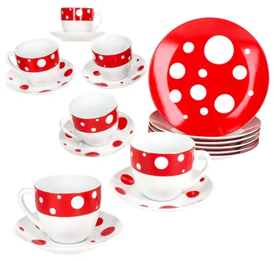 Immagine prodotto di servizio da caffè 18 pezzi Pula a pois rossi in porcellana 6 pers. tazze piattini piatti a pois
