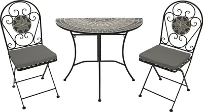 Produktbild von DEGAMO Gartenset Sitzgruppe Bistroset SIENA 3-teilig (2x Stuhl, 1x Wandtisch halbrund 45x90cm), Eisen schwarz +Nachbildung Mosaik grau/weiss