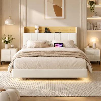 Produktbild von INONEFT Polsterbett 140x190 cm mit LED, Jugendbett mit Stauraum Kopfteil und USB Ladefunktion, Schwebender Bettgestell mit Lattenrost, PolyurethanWeiß, KI-generiertes Bild