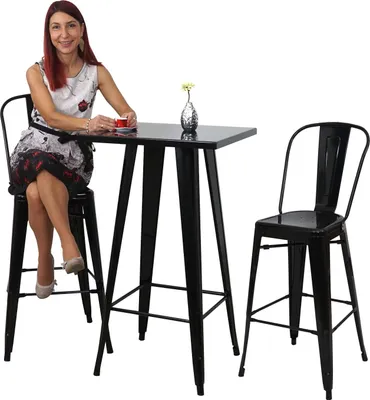 Produktbild von Set Stehtisch + 2x Barhocker HWC-A73, Barstuhl Bartisch, Metall Industriedesign  schwarz