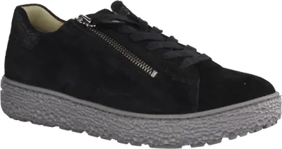A black suede sneaker with a gray sole and a zipper detail.