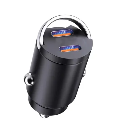 A black car charger with two USB ports, each with blue and orange lighting.