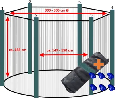 Produktbild von walexo Trampolin Sicherheitsnetz für 6 Stangensystem ( 305 Ø, Schwarz/Grün )