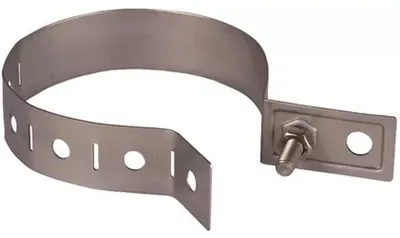 Imagen del producto de Abrazadera para canalones DEHN, para diámetros de 60-100 mm, material NIRO, orificio de conexión de 10,5 mm, paquete de 20 unidades.